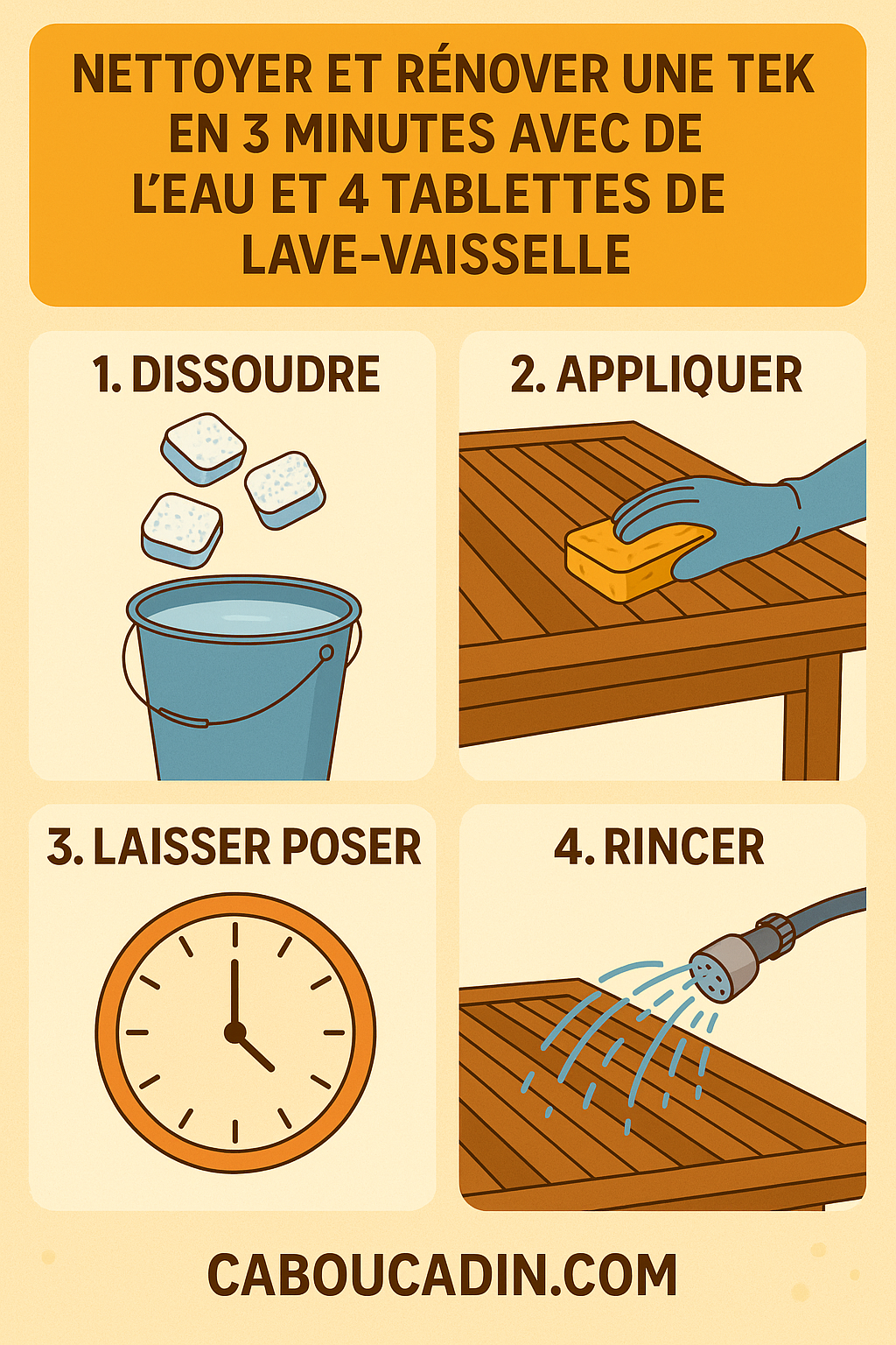 Nettoyer et rénover une table en teck en 3 minutes avec des tablettes de lave-vaisselle nettoyer renover table en teck caboucadin