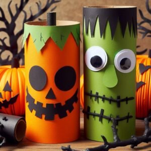 Monstre Frankestein et citrouille d'Halloween avec des rouleaux en carton citrouille-frankestein-avec-rouleau-en-carton