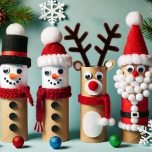 Père Noël, renne, sapin, bonhomme de neige avec des rouleaux en carton