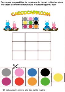 10 fiches maternelles pour apprendre à se repérer dans l'espace avec du découpage et du collage. fiche-maternelle-pastilles-couleurs-decoupage-collage-1