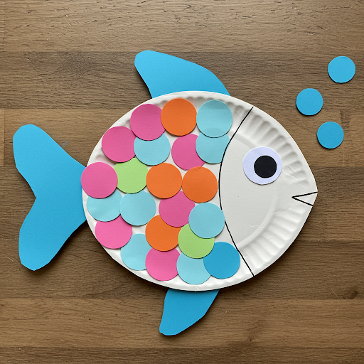 Un poisson d’Avril coloré avec une assiette en carton poisson avril assiette carton avec ecailles en papier couleur 9
