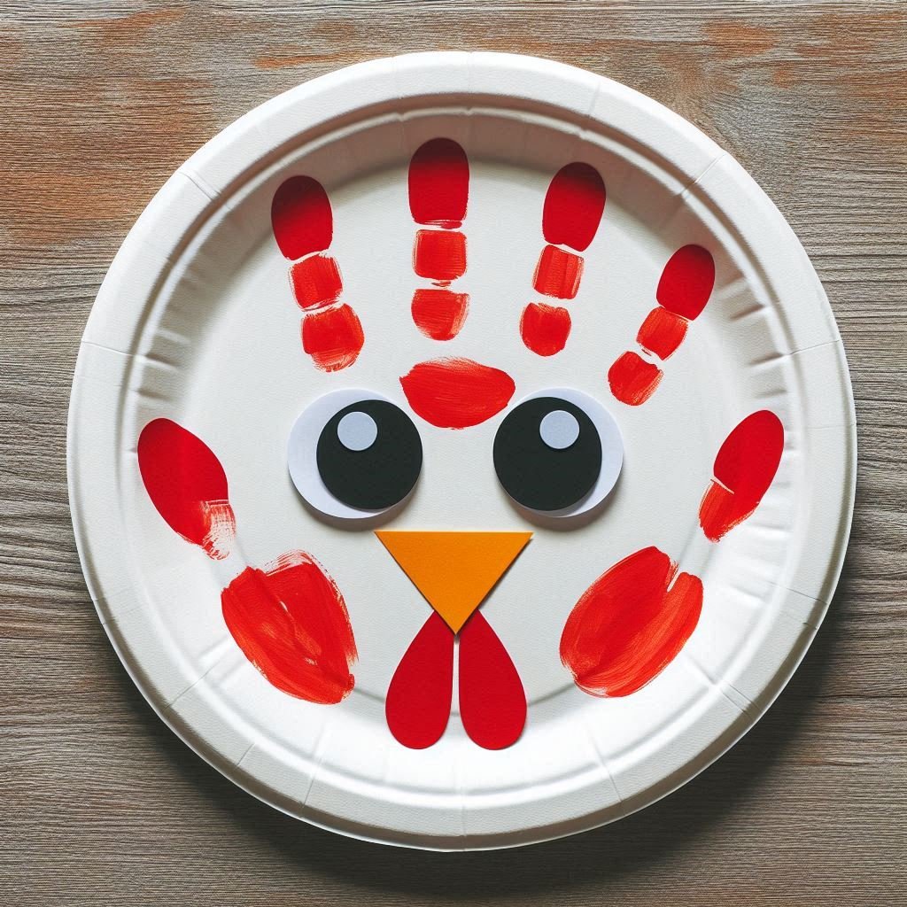 Une poule de Pâques rigolote avec une assiette en carton et une empreinte de main ! poule paques emprempreinte de main assiette en carto 1