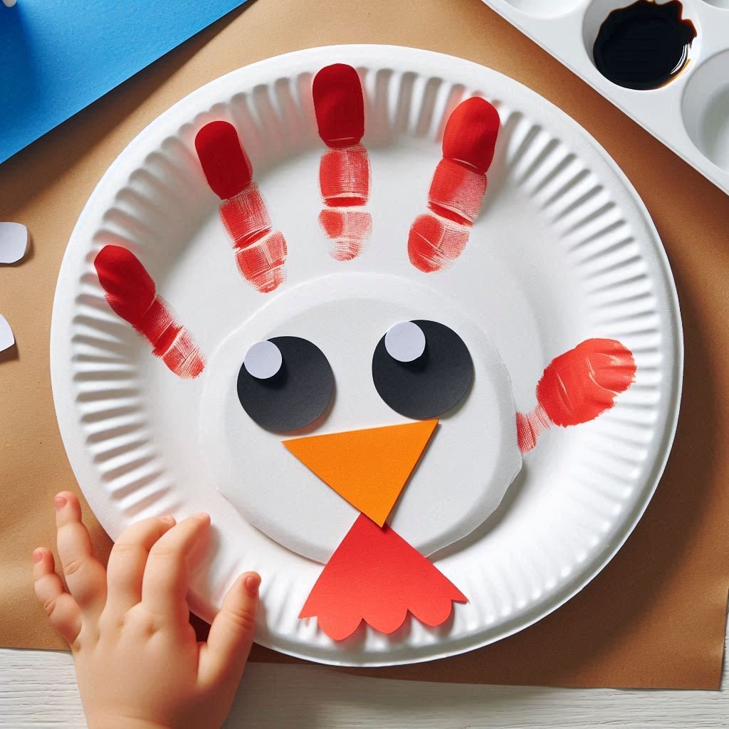 Une poule de Pâques rigolote avec une assiette en carton et une empreinte de main ! poule paques emprempreinte de main assiette en carton 3