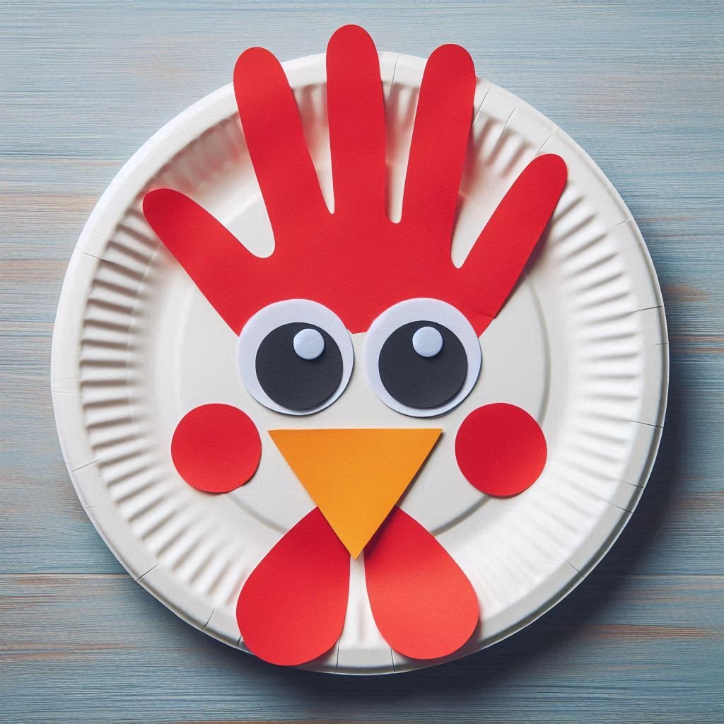 Une poule de Pâques rigolote avec une assiette en carton et une empreinte de main ! poule paques emprempreinte de main assiette en carton