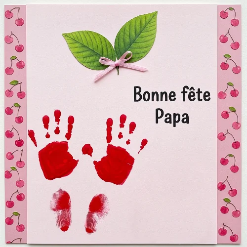 Bricolage fête des pères : réaliser une carte cerises avec empreintes des mains carte fete pere empreintes de mains et cerise 2