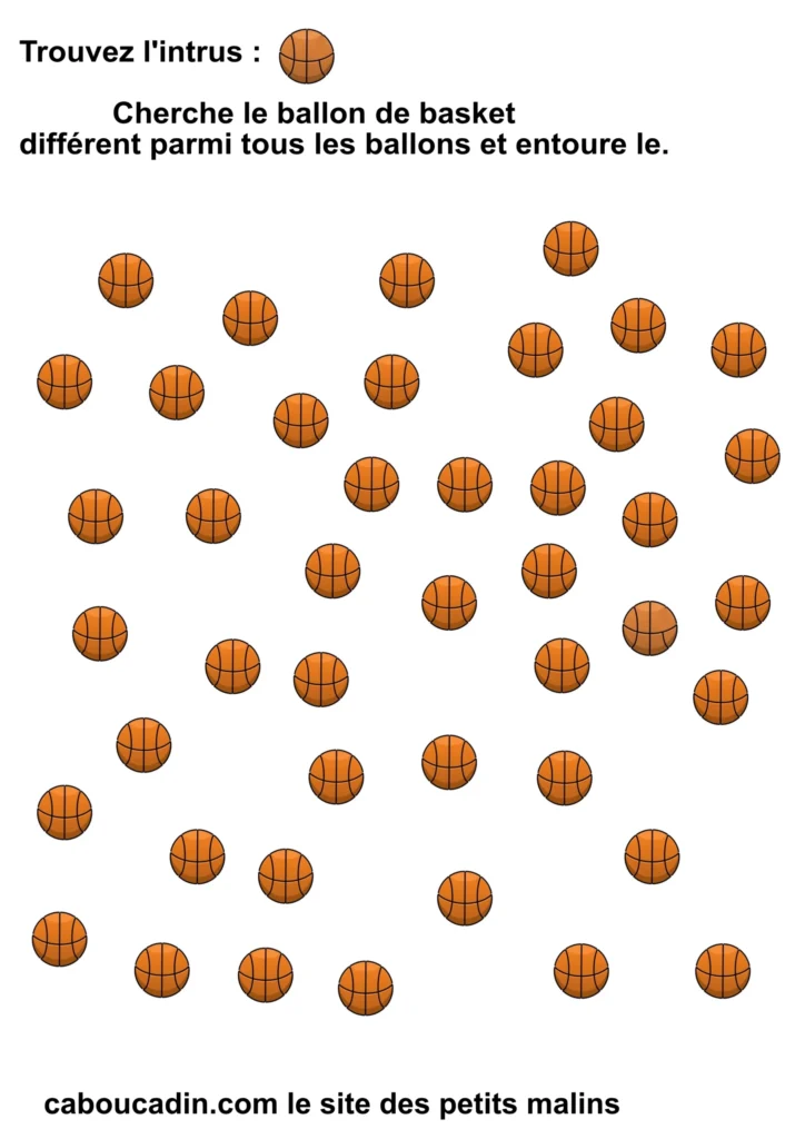 Fiche maternelle amusante : Trouver l’intrus avec les ballons de basket