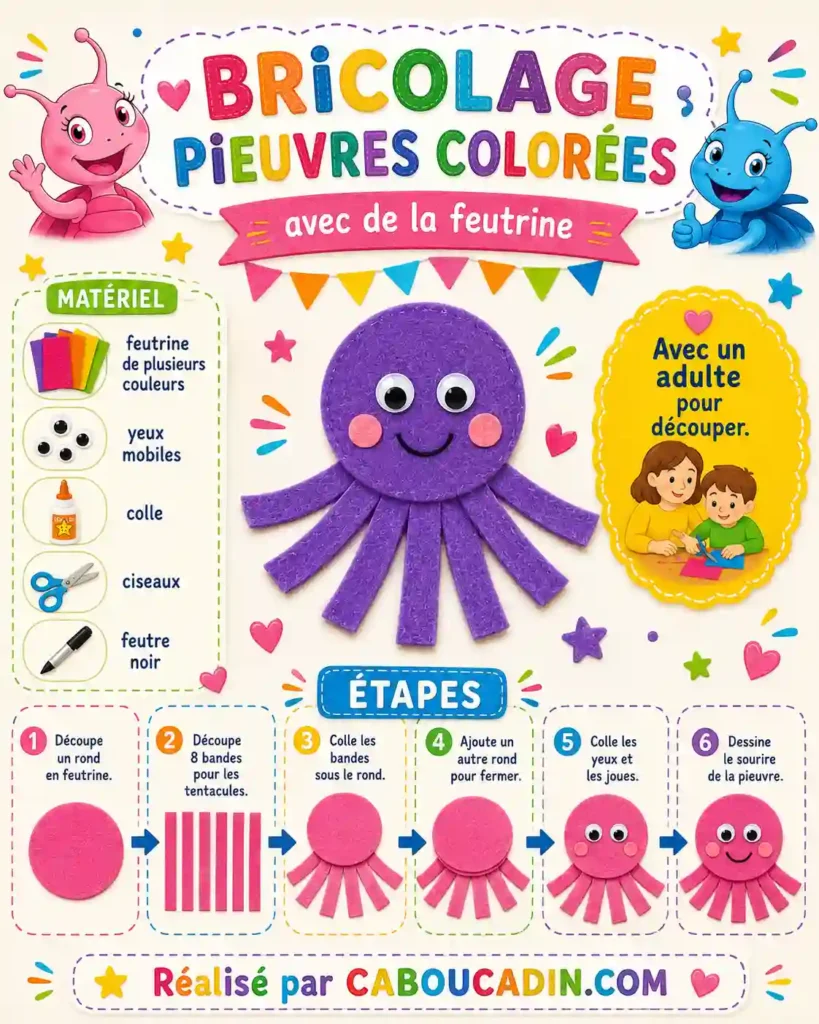 illustration pieuvres de couleurs en feutrine caboucadin