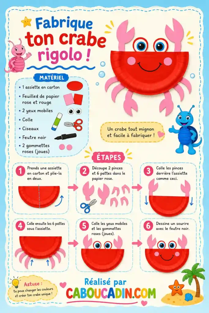 Bricolage maternelle : crabe en carton, activité facile et ludique pour la maison ou la classe illustration tuto crabe rigolo avec assiette en carton