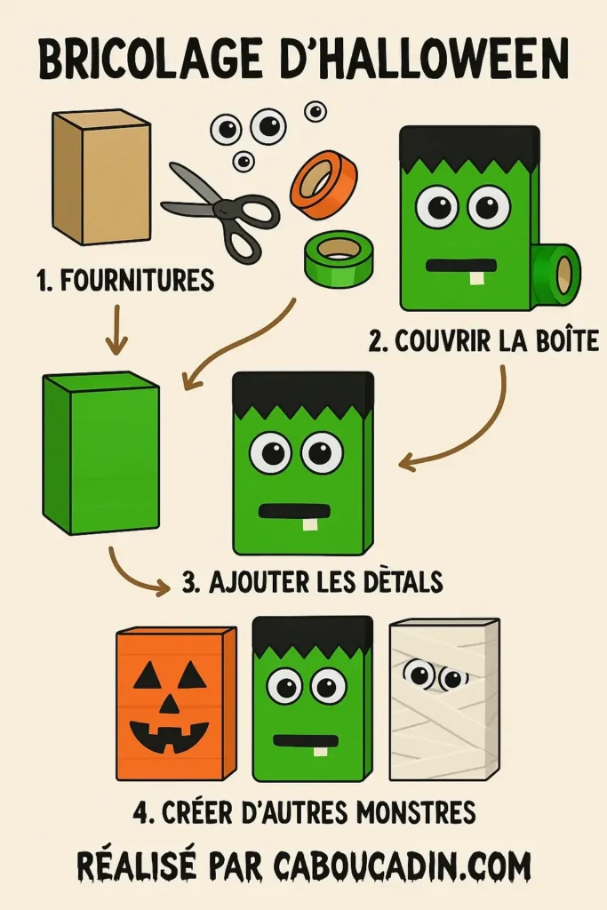 illustration tuto boites carton decorees monstres Halloween 2