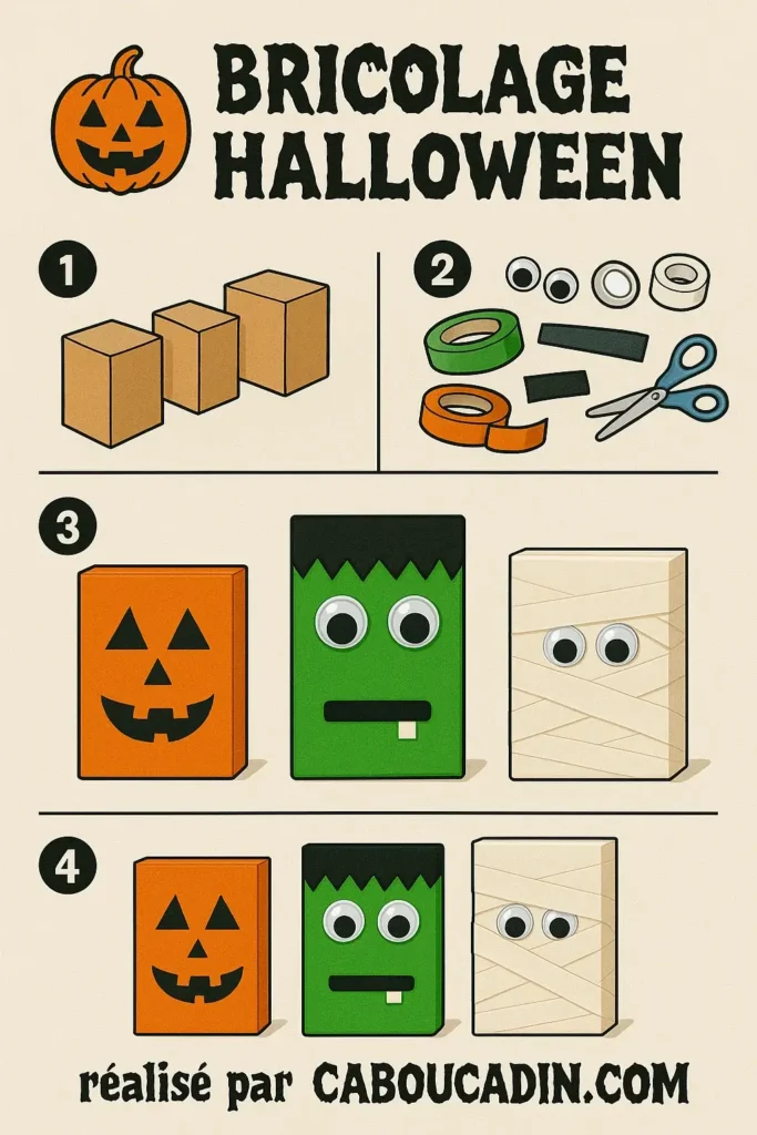 illustration tuto boites carton decorees monstres Halloween