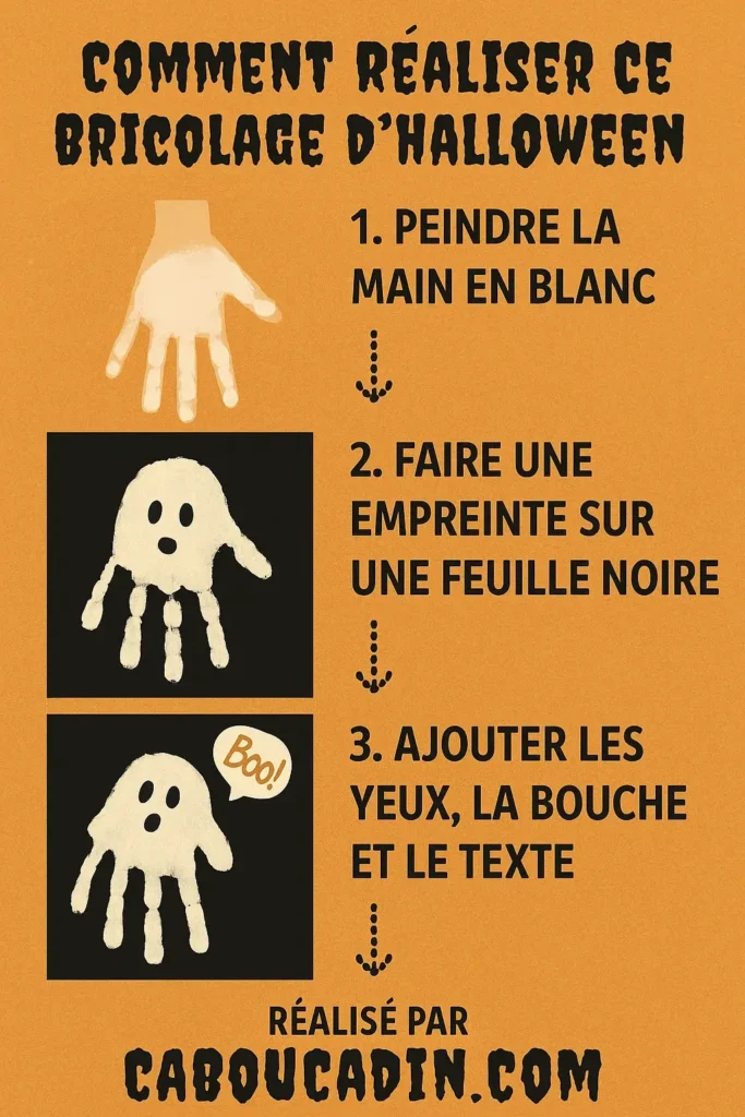 Bricolage Halloween maternelle : fabriquer un fantôme rigolo avec une empreinte de main illustration tuto bricolage halloween fantome avec empreinte de main