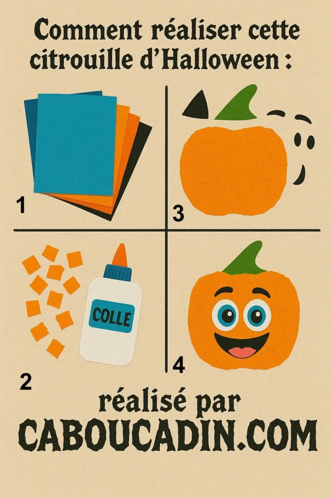 illustration tuto citrouille Halloween realisee avec morceaux avec morceaux papier dechirees orange 1