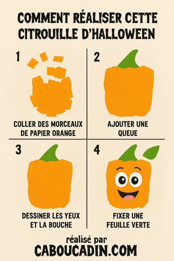 illustration tuto citrouille Halloween realisee avec morceaux avec morceaux papier dechirees orange 2
