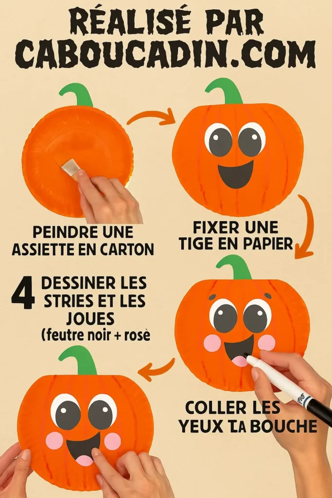 Bricolage maternelle : fabriquer une citrouille d’Halloween rigolote avec une assiette en carton illustration tuto halloween citrouille avec assiette en carton