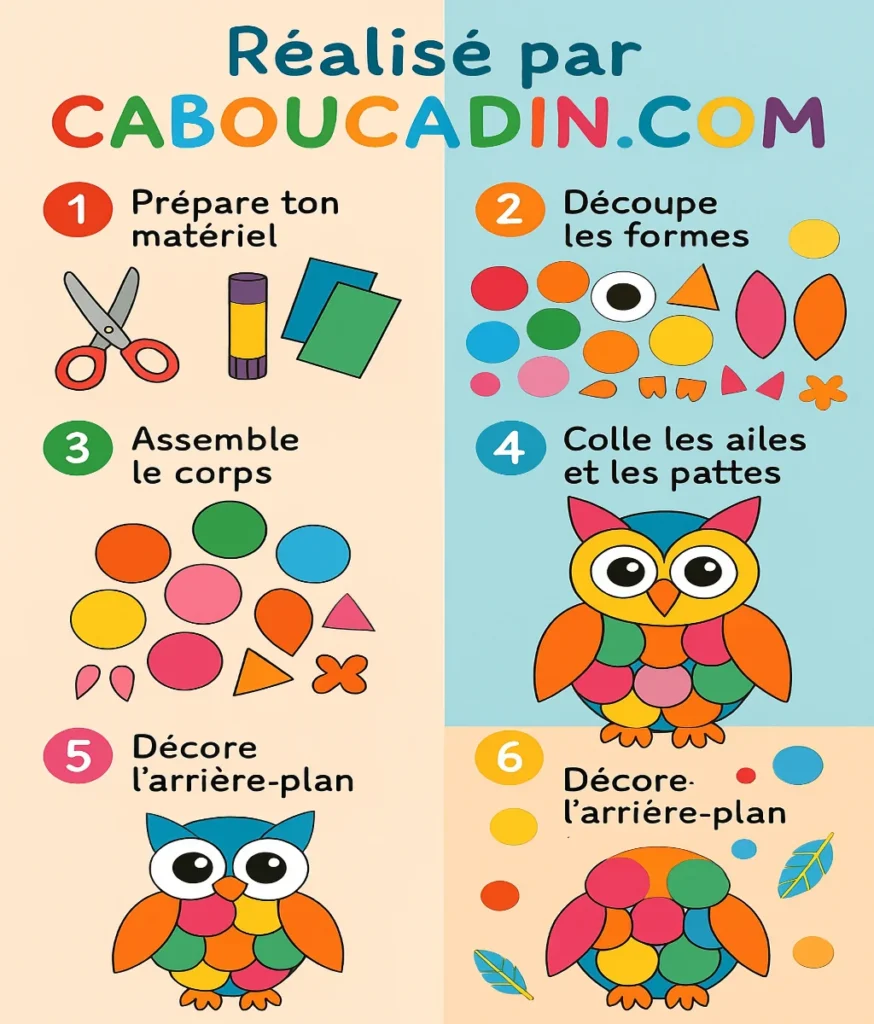 Bricolage maternelle : fabriquer un hibou coloré en papier avec les enfants illustration tuto hibou multicolore