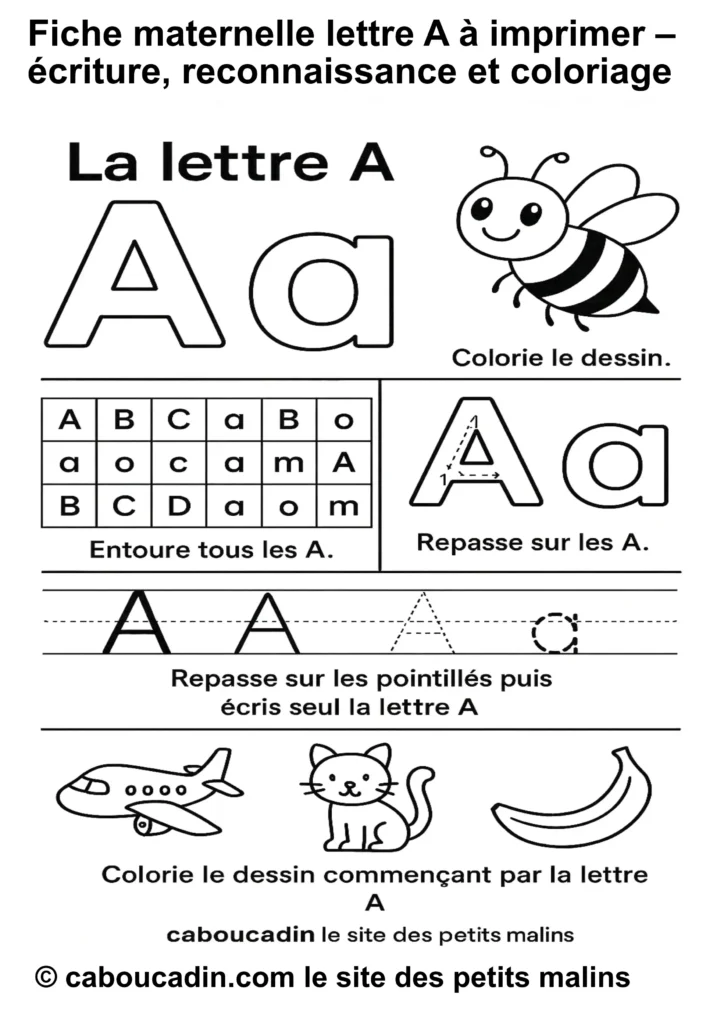 Fiche maternelle lettre A imprimer ecriture reconnaissance coloriage
