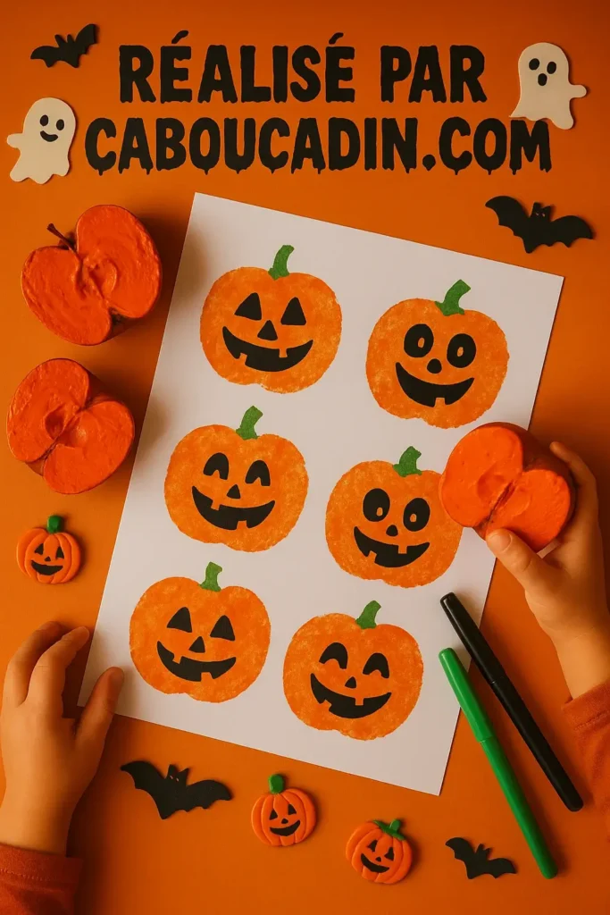 Bricolage Halloween maternelle : des empreintes de pommes pour créer des citrouilles rigolotes citrouilles halloween avec empreintes de pommes 2