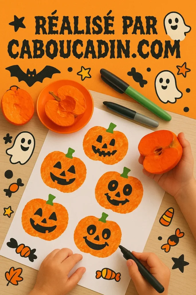 Bricolage Halloween maternelle : des empreintes de pommes pour créer des citrouilles rigolotes citrouilles halloween avec empreintes de pommes 3