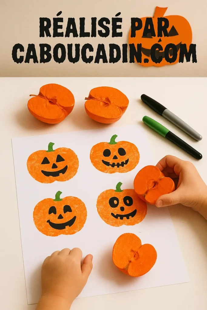 Bricolage Halloween maternelle : des empreintes de pommes pour créer des citrouilles rigolotes citrouilles halloween avec empreintes de pommes 5