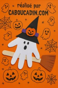 Bricolage Halloween maternelle : fabrique un fantôme rigolo avec ton empreinte de main fantome-Halloween-avec-balai-empreinte-de-main-1