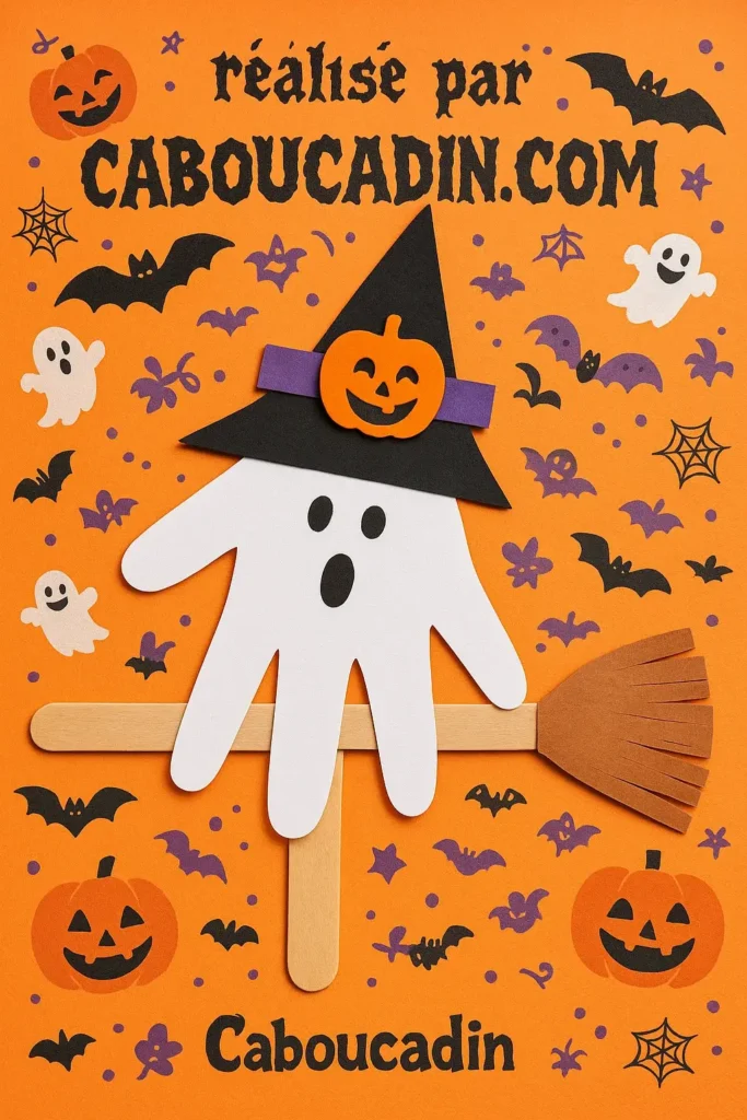 Bricolage Halloween maternelle : fabrique un fantôme rigolo avec ton empreinte de main fantome Halloween avec balai empreinte de main 2