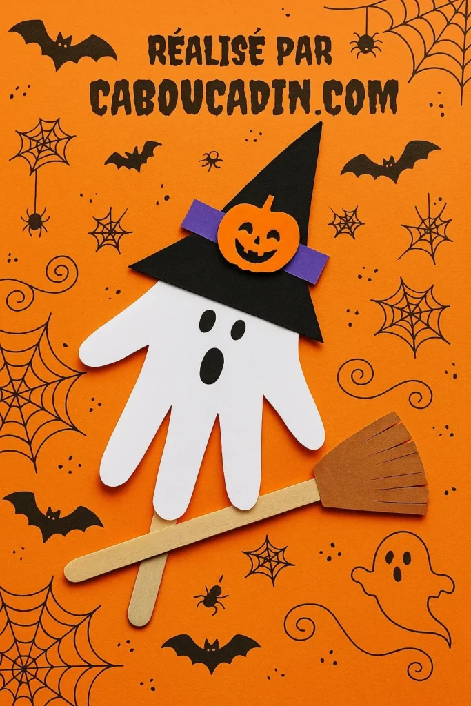 Bricolage Halloween maternelle : fabrique un fantôme rigolo avec ton empreinte de main fantome Halloween avec balai empreinte de main 3