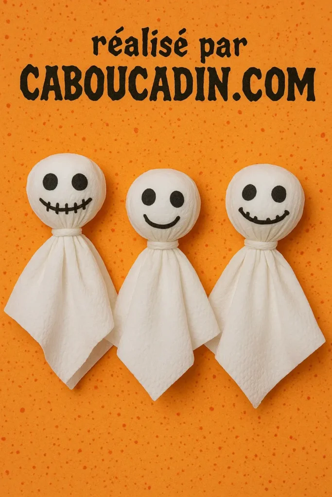 Fantôme d’Halloween en tissu ou serviette en papier : un bricolage maternelle facile fantome hallowwen avec du tissu 3