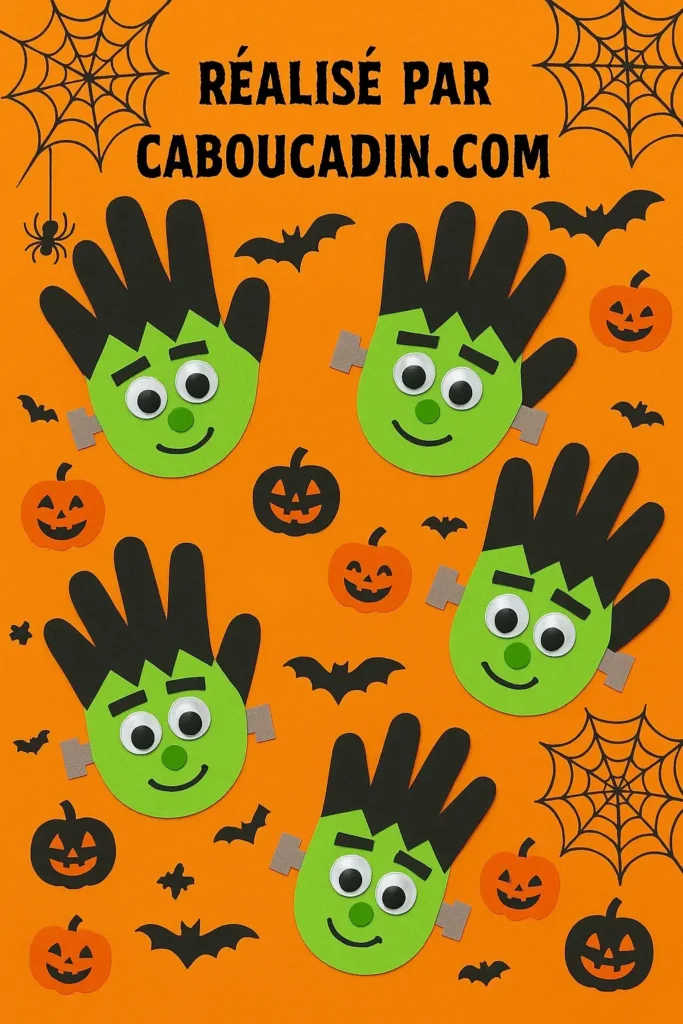 Bricolage Halloween : fabriquer un Frankenstein avec les petites mains des enfants frankenstein avec empreintes de mains 3