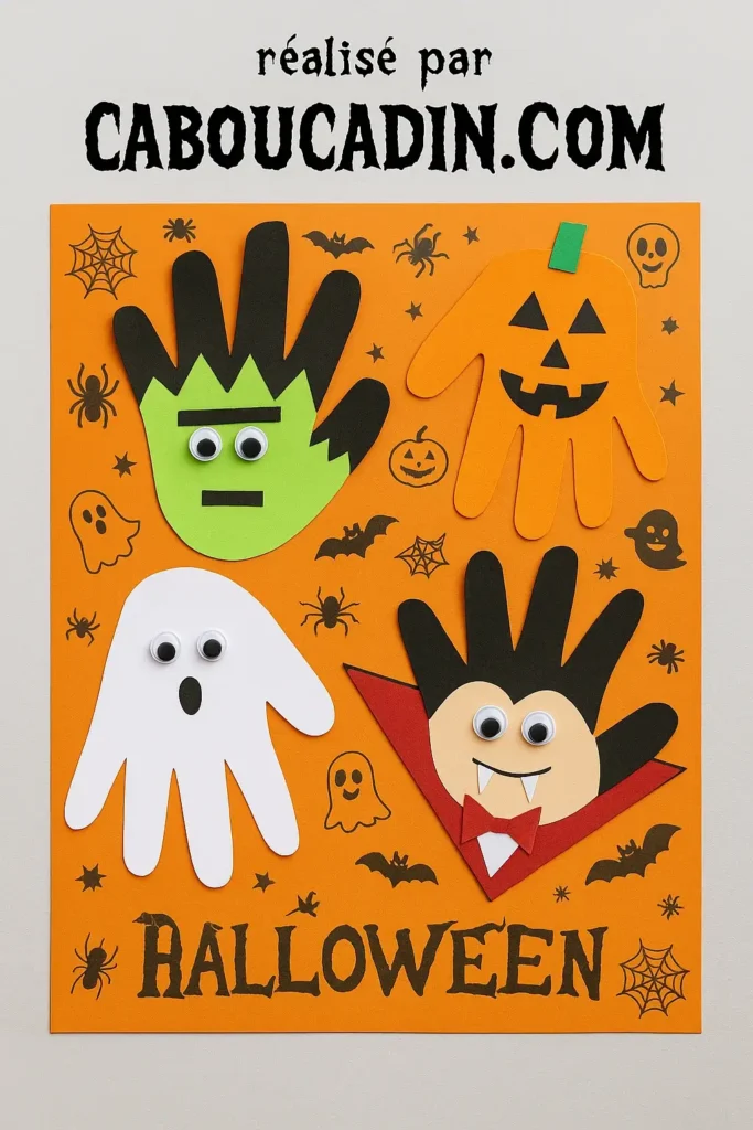 Bricolage Halloween maternelle : 4 personnages rigolos avec l’empreinte de la main Bricolage Halloween maternelle : 4 personnages rigolos avec l’empreinte de la main