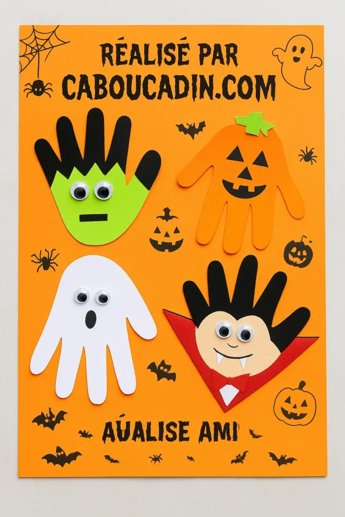 Bricolage Halloween maternelle : 4 personnages rigolos avec l’empreinte de la main frankenstein fantome vampire Hallowen avec empreintes de mains 2
