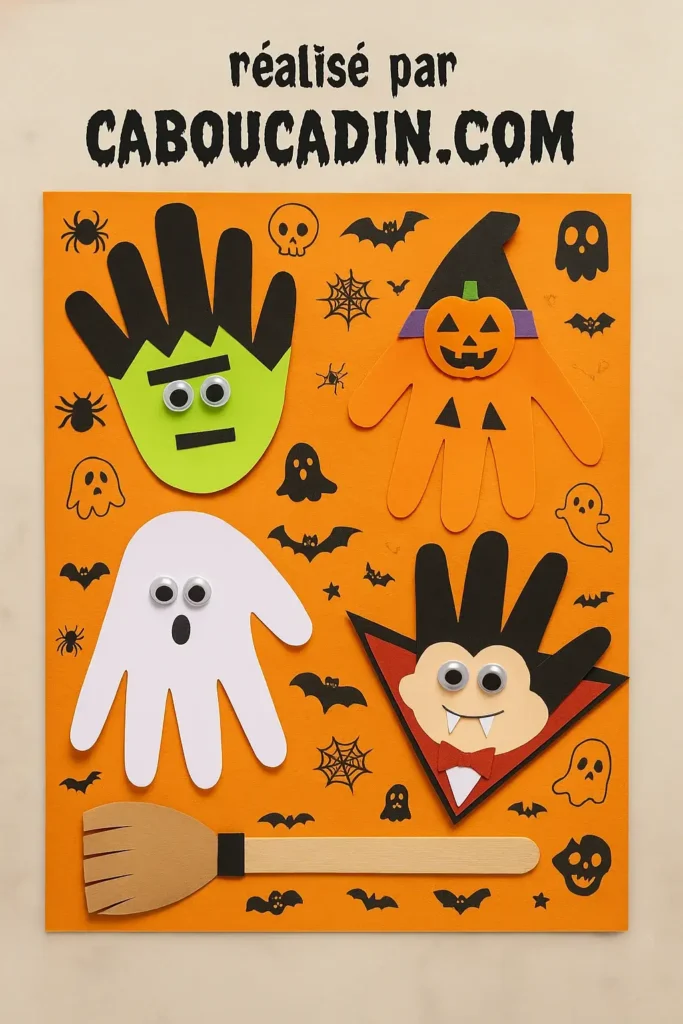 Bricolage Halloween maternelle : 4 personnages rigolos avec l’empreinte de la main frankenstein fantome vampire Hallowen avec empreintes de mains 3