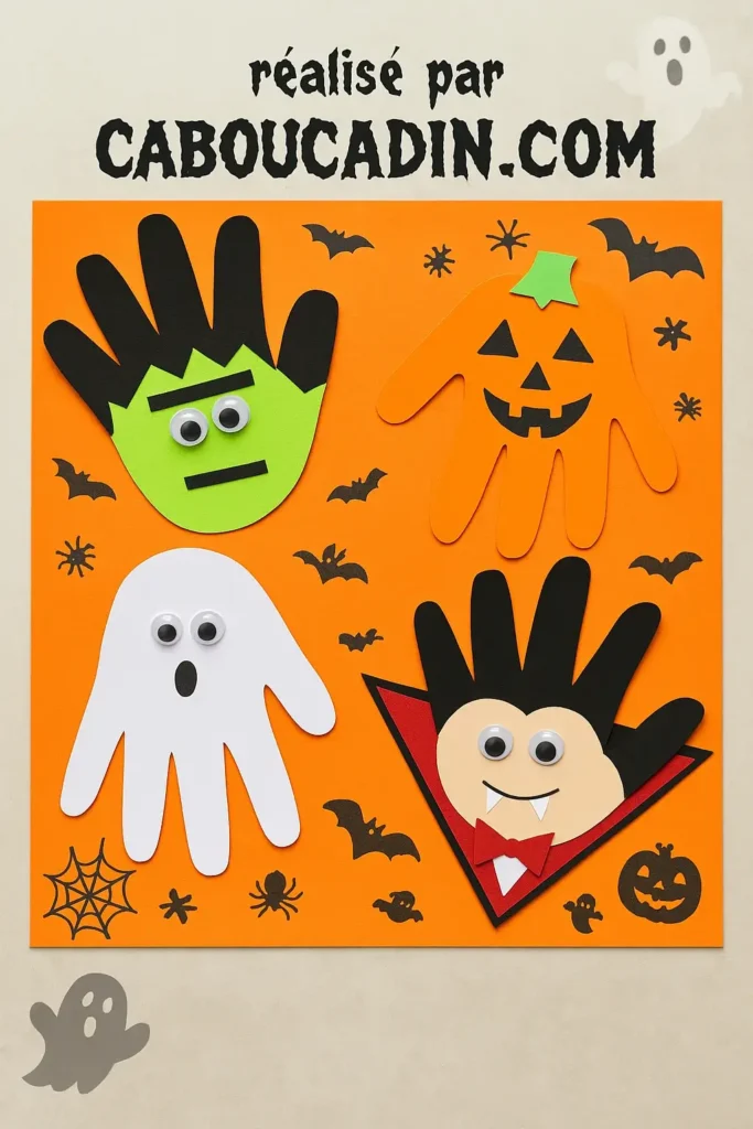 Bricolage Halloween maternelle : 4 personnages rigolos avec l’empreinte de la main frankenstein fantome vampire Hallowen avec empreintes de mains 4