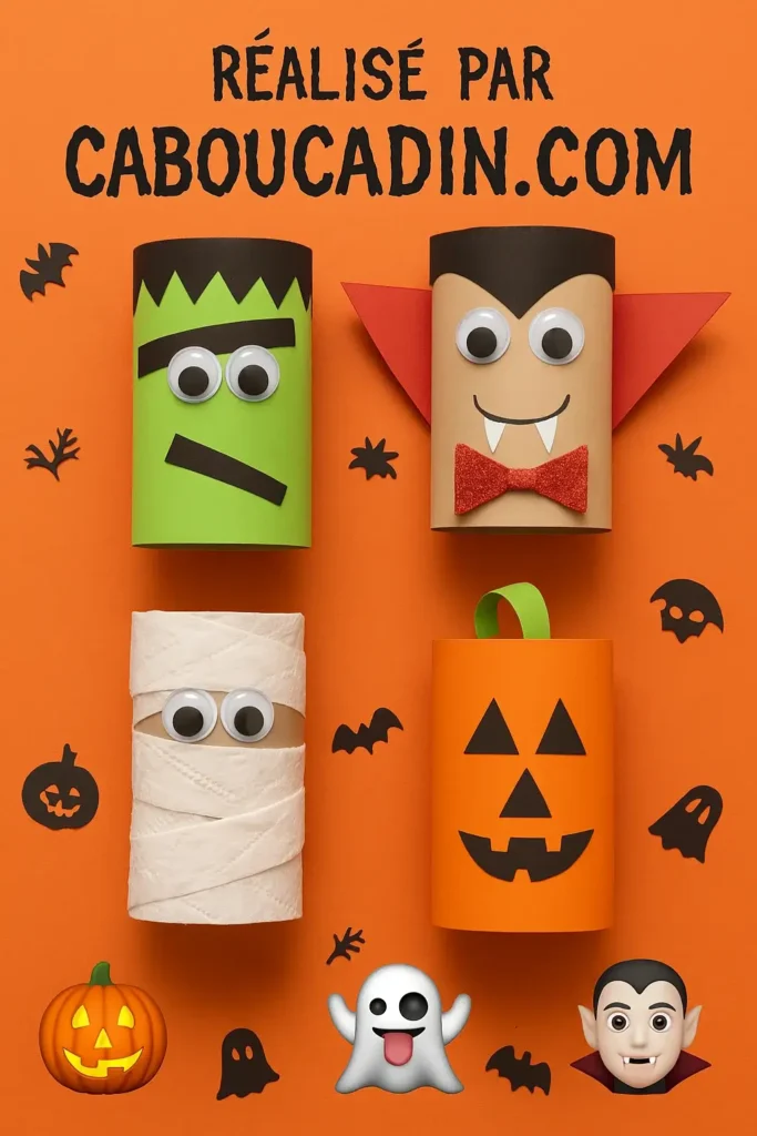 Bricolage Halloween maternelle : fabriquer Frankenstein, vampire, momie et citrouille avec des rouleaux en carton Bricolage Halloween maternelle : fabriquer Frankenstein, vampire, momie et citrouille avec des rouleaux en carton