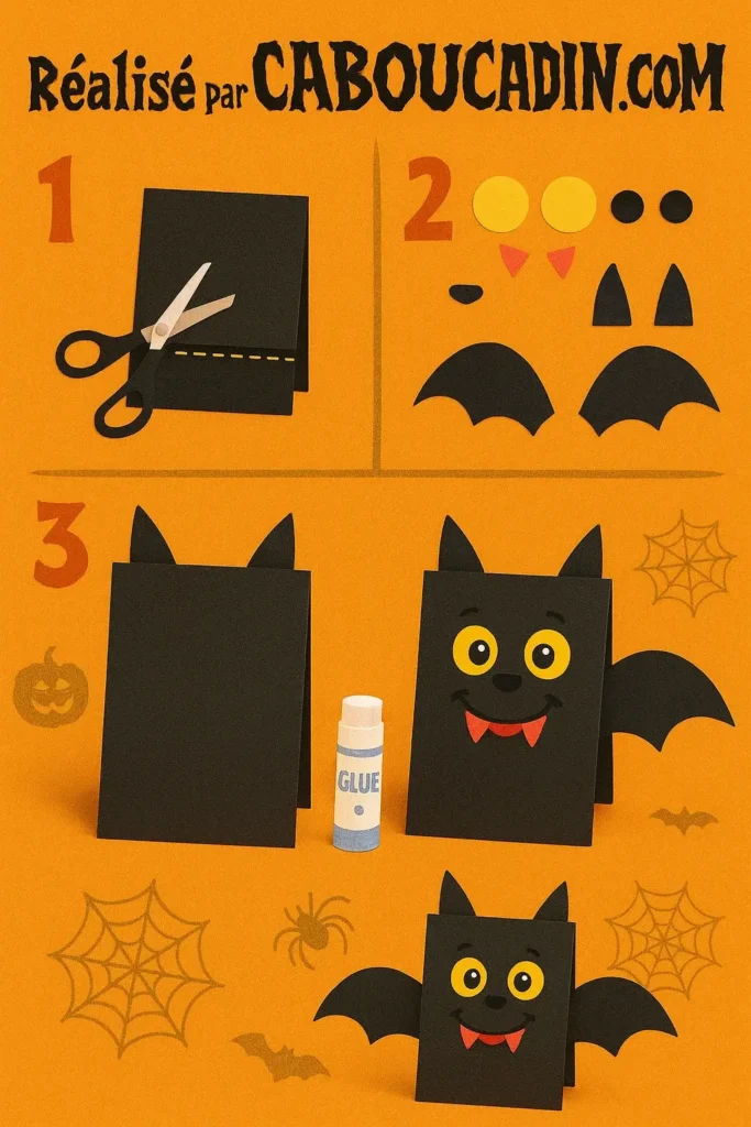 Bricolage Halloween maternelle : fabriquer une chauve-souris en papier facile et rigolote illustration tuto chauve souris halloween en carton noir 1