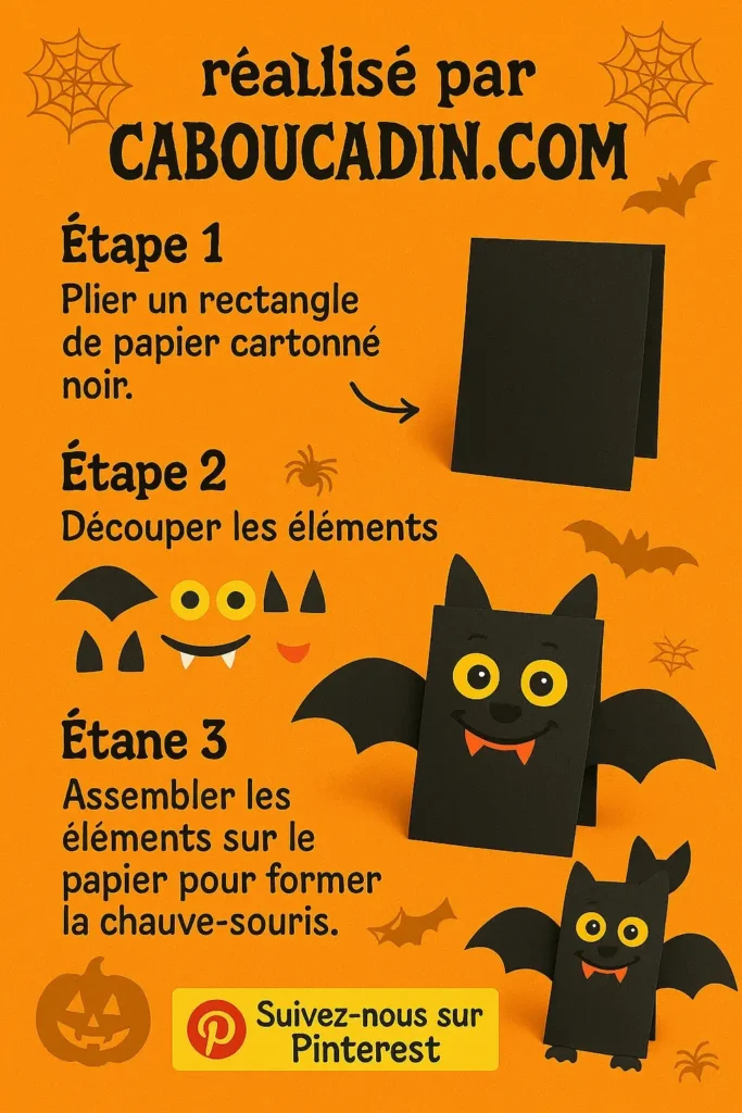 Bricolage Halloween maternelle : fabriquer une chauve-souris en papier facile et rigolote illustration tuto chauve souris halloween en carton noir