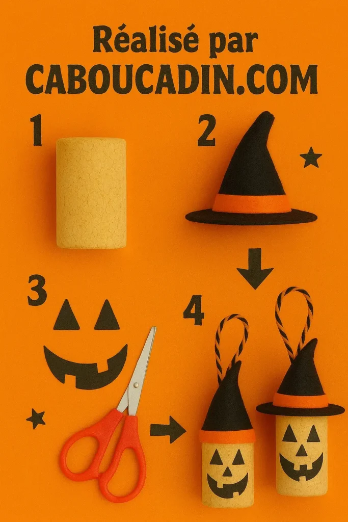 Bricolage Halloween maternelle : citrouilles rigolotes avec bouchons de liège à fabriquer illustration tuto citrouilles halloween avec bouchons de liege