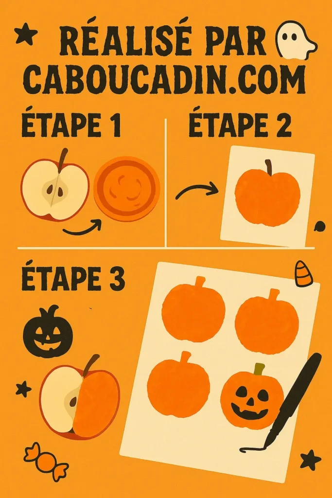 Bricolage Halloween maternelle : des empreintes de pommes pour créer des citrouilles rigolotes illustration tuto citrouilles halloween avec empreintes de pommes 2