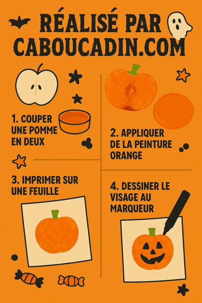 Bricolage Halloween maternelle : des empreintes de pommes pour créer des citrouilles rigolotes illustration tuto citrouilles halloween avec empreintes de pommes 3