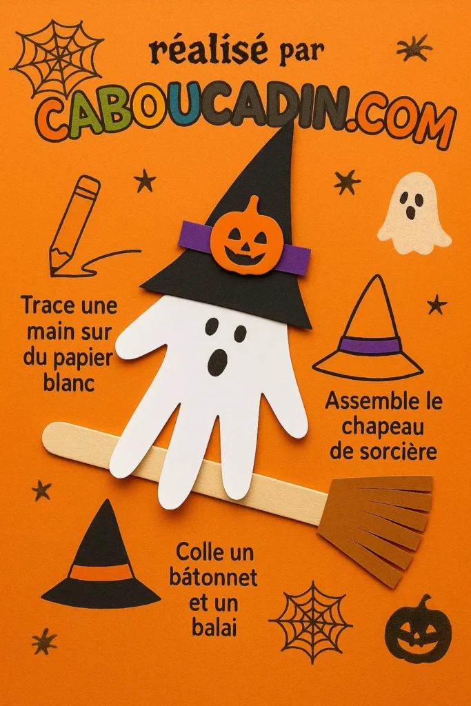 Bricolage Halloween maternelle : fabrique un fantôme rigolo avec ton empreinte de main illustration tuto fantome Halloween avec balai empreinte de main 1