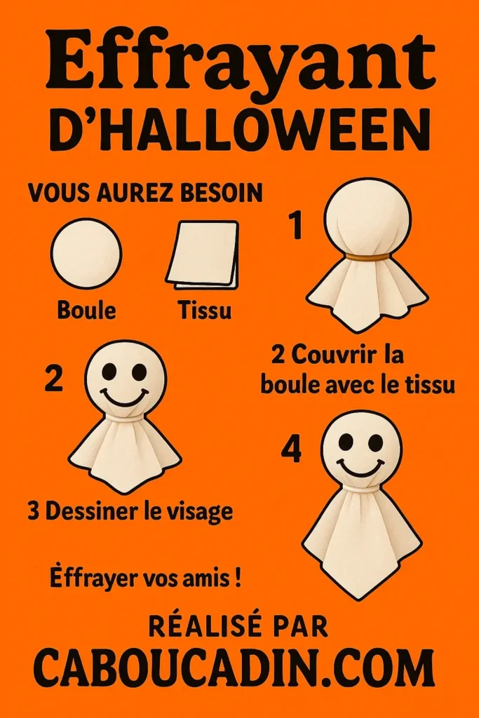Fantôme d’Halloween en tissu ou serviette en papier : un bricolage maternelle facile illustration tuto fantome hallowwen avec du tissu 1
