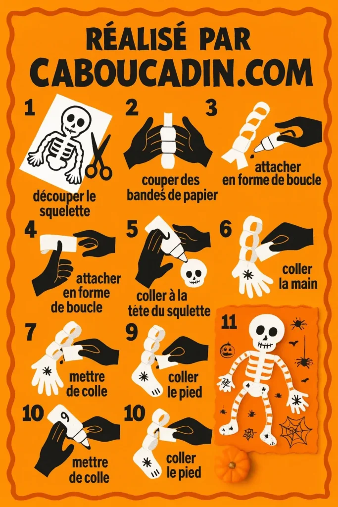 Bricolage Halloween maternelle : fabriquer un squelette rigolo en papier avec les enfants illustration tuto squelette halloween bande de papier 1