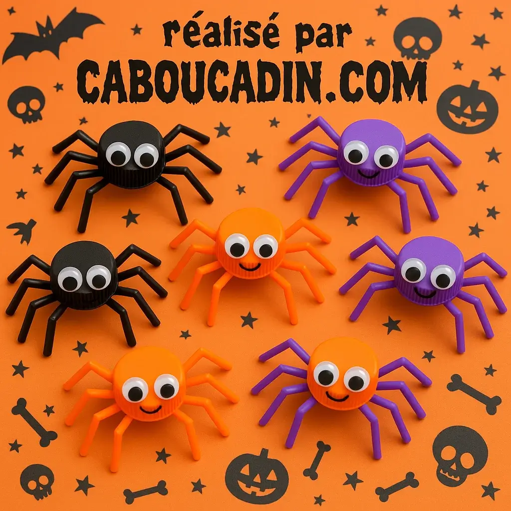 Activité Halloween enfants : petites araignées en bouchons plastique recyclés araignee hallowen avec bouchon en plastique 2