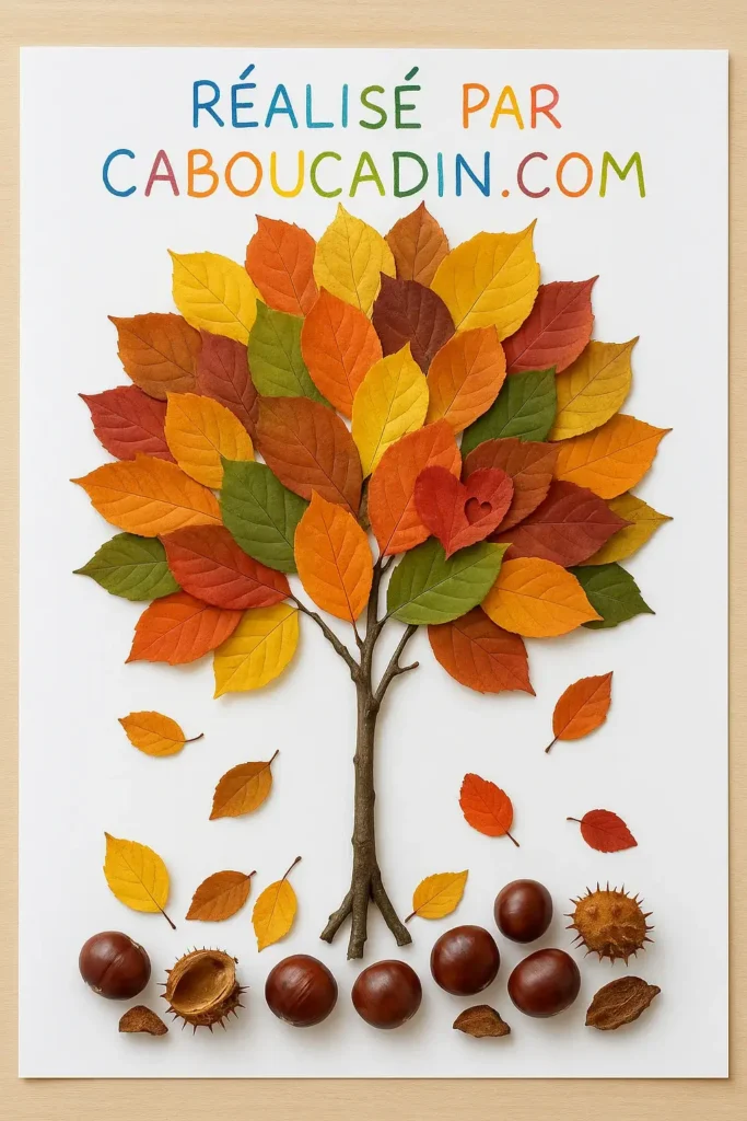 Activité d’automne pour enfants : fabrique un arbre coloré avec des feuilles ramassées en forêt arbre automne avec des feuilles mortes 2