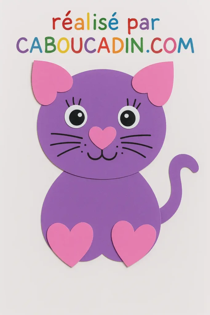 Activité manuelle maternelle : un chat avec papier de couleur bricolage maternelle chat papier violet 2