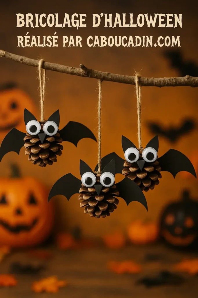 Bricolage Halloween maternelle : fabriquer des chauves-souris avec des pommes de pin chauves souris halloween pomme de pin 2