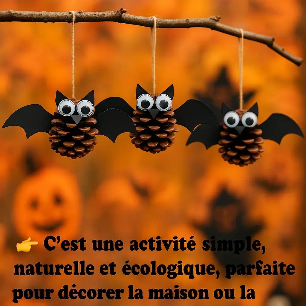 Bricolage Halloween maternelle : fabriquer des chauves-souris avec des pommes de pin chauves souris halloween pomme de pin 3