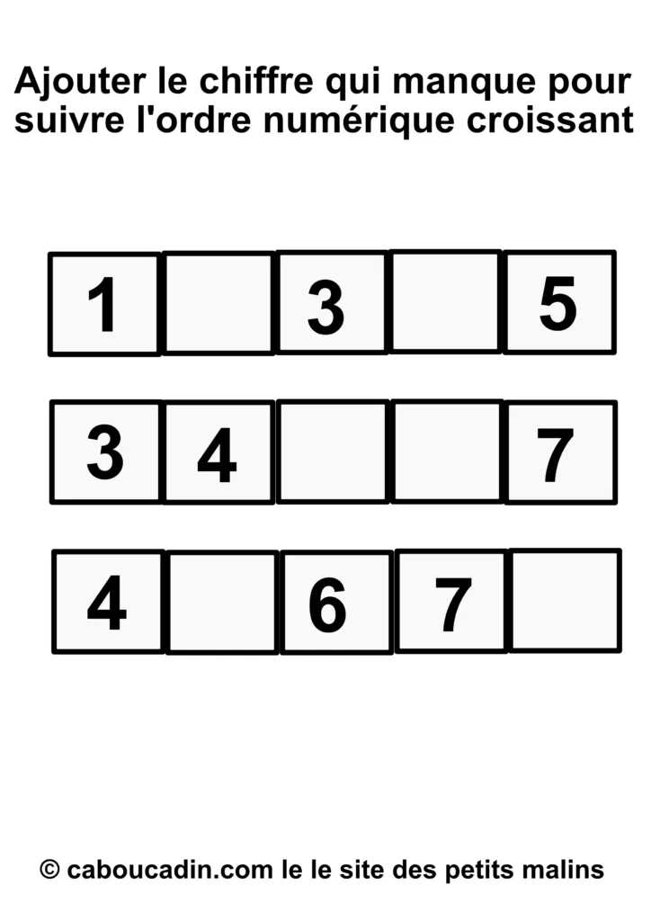 10 Fiches maternelles : compléter la suite des nombres – ordre croissant