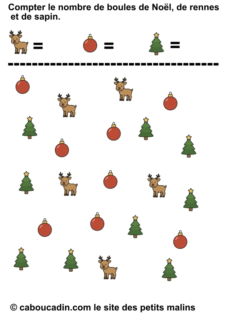 10 Fiches Maternelles Noël : Compter les Rennes, Boules et Sapins (Exercice à Imprimer) fiche maternelle de noel mathematiques 1