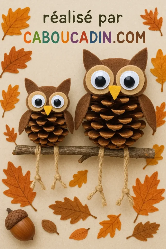 Activité d’automne pour enfants : crée des hiboux en pommes de pin et feutrine hiboux realise avec des pommes de pin 1