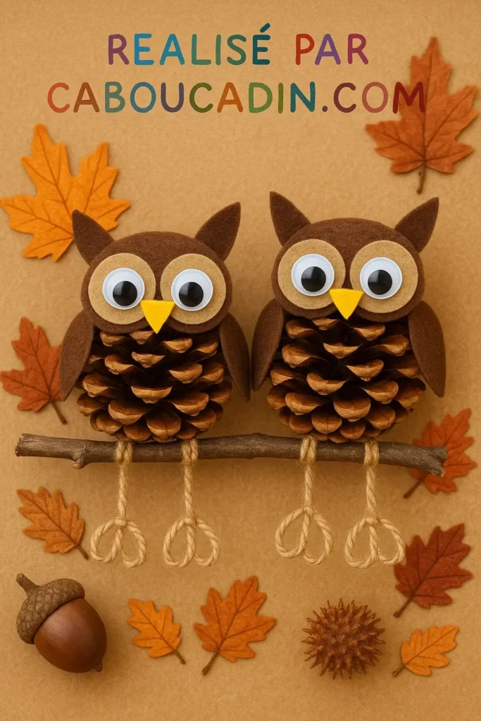 Activité d’automne pour enfants : crée des hiboux en pommes de pin et feutrine hiboux realise avec des pommes de pin 2